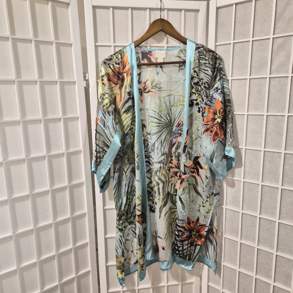 Vintage 3/4 Sleeve Silk Blend Burnout Kimono Jacket Turquoise Sz S M